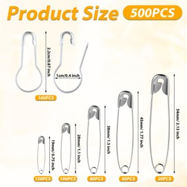 500pcs Safety Pins Assorted Size, 2 Design Metal Stainless Steel Sewing Bulb 22/19/28/38/45/54mm Strong Small Clothing Tag Gourd Calabash Bulb Pin with Storage Box for Clothes Craft Knitting Quilting