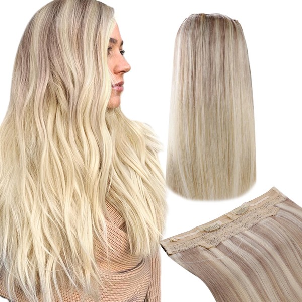 RUNATURE Balayage Wire Extensions, Blonde Human Hair, One Piece, 50 cm, Straight Hair Extensions with Secret Wire, 100 g/Pack, Human Hair Extensions, Hairpieces, Blonde #18/22/60