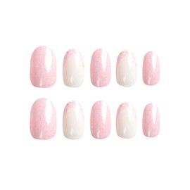 24pcs Short Oval False Nails French Tip, Glitter Pink Stick on Nails White Flower Tip Press on Nails Removable Glue-on Nails Full Cover Fake Nails Women Girls Nail Art Accessories