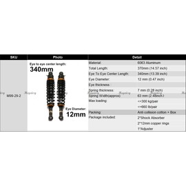 Hegeiis 340mm 13.38 inch 7mm Spring Universal Motorbike Air Shock Absorber Rear Suspension ATV Quad Scooter Dirt Bike For 50cc 75cc 90cc 125cc 150cc 250cc 300cc
