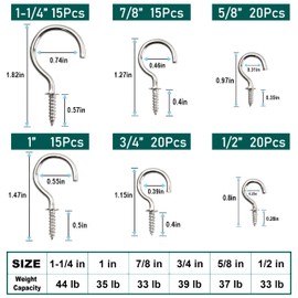 EIENHOSHI 105 Pcs Screw Hooks, 6 Sizes Silver Cup Hooks, Screw Hooks for Hanging, Metal Cup Hooks Screw in (1/2", 5/8", 3/4", 7/8", 1'', 1-1/4")