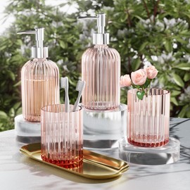 XLHOMO Glass 5PCS Pink Bathroom Accessories Set, Soap Dispenser, Toothbush Holder, Vanity Tray, Housewarming Dorm Apartment Decor Home Essentials Gift for Her for Bathroom Countertop