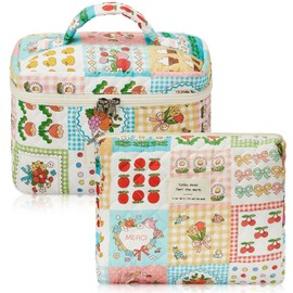 Zeyune 2 Bolsas de Maquillaje de Algodón Bolsa de Maquillaje Acolchada de Coqueta de Viaje Bolsa de Maquillaje de Oso Flores Cereza Linda Estética Grande para Mujeres Niñas (Estilo de Lazo Rosa)