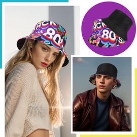 MILAKOO 80s Bucket Hat for Men Women Funny Retro Party Hat Vintage Print Fisherman Hat Unisex Reversible Portable Hat for Disco Hip Hop Outdoor, A2: Retro 80s