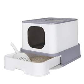 RIZZARI Enclosed Cat Litter Box with Lid, Large Foldable Litter Box with Litter Scoop, Top Entry Cat Toilet for Kittens and Big Cats (Light Gray,Plastic, Large)