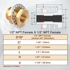 Boeray 2PCS 1/2" NPT Female Brass Bulkhead Fitting with 2PCS Metal Washers