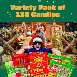 Christmas Candy Variety Pack - 138 Christmas Themed Candies, individually wrapped, Sippies, Spray Pens, Fruit Nuggets, Fizzy Candy Canes, and Mini Popp Candy – Perfect for Holiday Parties, Stocking Stuffers, Christmas Goodie Bags, Pinata Candy Mix.