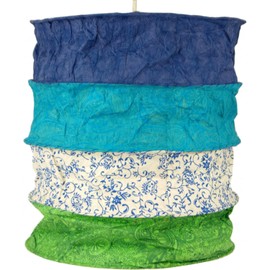 GURU SHOP Lokta Round Boho Paper Pendant Lampshade, Kailash, Handmade Paper - Blue/Green, 35 x 28 x 28 cm