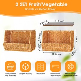 2 Tier Fruit Basket for Kitchen Counter Stackable Wall Mounted Hanging Basket Wicker Hanging Baskets with Wood Lid for Onion Fruit Vegetable Storage