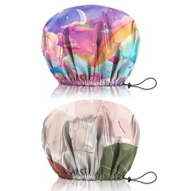 Cabreche 2 PCS Shower Cap Reusable Waterproof Double Layers Hair Caps Large Shower Bath Adjustable Elastic Hat for Women Girls Cute Aesthetic-Pink Cloud