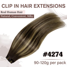 HETTO Clip in Hair Extensions Real Human Hair Balayage Brown 22 Inch Dark Brown to Caramel Blonde Straight Hair Clip ins Long Straight 7pcs 120g