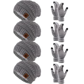 JaGely 8 Pieces Women Winter Hats and Gloves Set Women Warm Touchscreen Knitted Lined Gloves Winter Beanies(Mixed White Grey,Without Pom Pom)