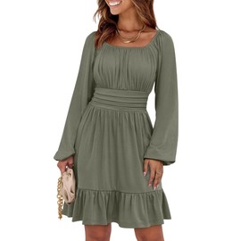 ANRABESS Womens Dress Long Lantern Sleeve Square Neck Elastic Waist Ruffle Flowy Swing A-Line Short Dresses 2025 Fall Fashion Army Green Large