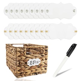 Temlum 18 Pcs Acrylic Basket Labels, Storage Tags with Chalk Marker Removable Label for Wire, Wicker, Woven Baskets & Pantry Storage (Wavy Shape 02, White)