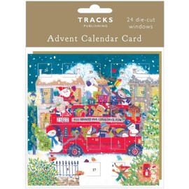 Countdown to Christmas Small 24 Door Advent Calendar Card, 16 x 16 cm, with Envelope by Tracks Publishing - Made in the UK - Eco Friendly (All Aboard the Xmas Bus)