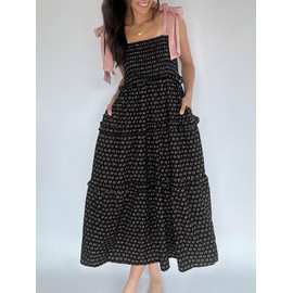 Wenrine Womens Summer Floral Maxi Dress Smocked Tie Shoulder Boho Sleeveless Ruffle Tiered Casual Beach Dresses Black