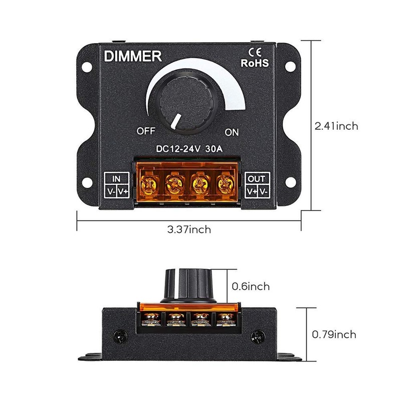 LED Light Strip Dimmer, DC 12V-24V 30A PWM Dimming Controller