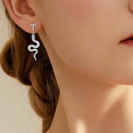 Snake Stud Earrings for Women - T&S Sliver Cubic Zirconia Snake Dangle Studs, Outfit Animal Band Studs Music Gift Singer Song Inspired Fans Gift | Tufeney