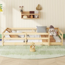 espidoo Twin Size Montessori Floor Bed: Pine Wood Kids Bed with Fence Guardrails - Safe Sleeping & Play Space for Toddlers Boys & Girls - Easy Assembly Natural Finish