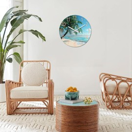 XFM Beach Wall Clock Silent Non-Ticking Battery Operated Clocks 14 Inch Blue Ocean Tropical Palm Tree Wall Clock Decorative for Living Room Kitchen Bedroom Office