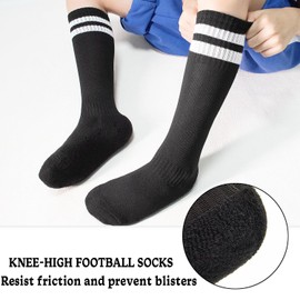 DECOVICI Kids Football Socks for Girls and Boys 4 Pairs, Knee High School Socks for Children, Soft Striped Socks for Junior Age 3-13 Rugby Daily Running Training,(7-13Years，Black+White+Pink+Purple)