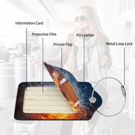2 Pack Football Luggage Tags Travel PU Cute Leather Sports-Themed Bag Luggage Tag Name ID Labels with Privacy Cover Suitcases Women Men Girls Boys Fun Laggage Tags Identifiers with Cool Fire(football)