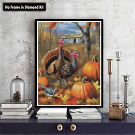 Zariocy Diamond Art Painting Kits Round Full Drill, Happy Thanksgiving Pumpkin Turkey Round Full Autumn Paint with Diamonds Art DIY Rhinestone Embroidery Home Wall Decor 30x40cm/12x16inch