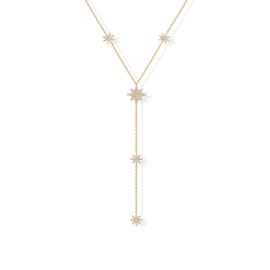 PAVOI 14K Yellow Gold Plated Drop Lariat Necklace for Women - Gold Cubic Zirconia Long Necklace - Station Star Layered Beaded Y