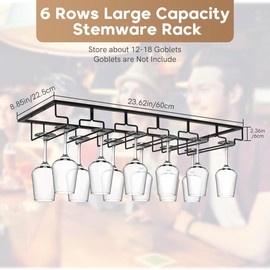 Xverycan Wine Glass Rack Under Cabinet, 6 Row Extreme Large Stemware Hanger, Metal Wine Glass Holder, DIY Bar Glass Storage Rack for Bar Counter, Kitchen, Screws Included (Black)
