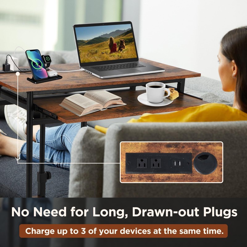 FAHKNS C Table with Wheels, Adjustable Couch Table with Charging