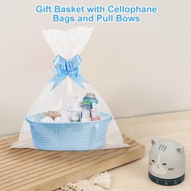 Lotvic Gift Basket, Hamper Kit, Empty Hamper Basket with Cellophane Bags and Pull Bows, Rope Gift Baskets with Handles, Woven Gift Baskets for Baby Shower, Wedding, Birthday, Housewarming (Blue)