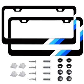 2Pcs Metal Black Tri Color License Plate Frames fit for Toyota, White Blue Strips License Tag Plate Universal Fit for Cars, Trucks and SUVs (WhiteBlueBlue-Left)