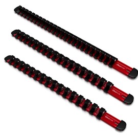 Olsa Tools 3-Pc Set Aluminum Socket Organizer | Locking End Caps | 1/4-Inch, 3/8-Inch, 1/2-Inch Drive Socket Holders with 24, 18, 16 Clips Each (Red)