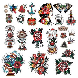 Classic Temporary Tattoos - Traditional Old School Vintage Stickers Sailor Jerry Flower Rose Ladyface Swallow Butterfly Sword Eye Globe Crown Anchor Temporary Tattoo Fake Tattoo Great for Arm