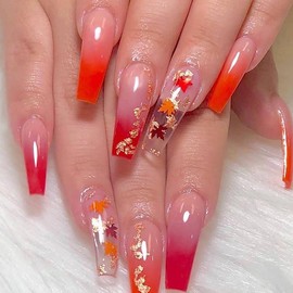 Maple Leaf Press on Nails Long Coffin French Tip Red Gradient False Nails with Maple Leaf Designs Maple Leaves Acrylic Artificial Stick on Nails for Women Thanksgiving Nail Decoration 24Pcs