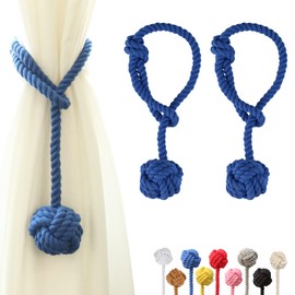 OCIOLI Pack of 2 Curtain Tiebacks Curtain Ties with Large Woven Ball Cotton Hand-Woven Curtain Rope Tiebacks Decorative Tiebacks for Curtains (Blue, 2)