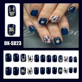 Blue Christmas Press on Nails Short Square Fake Nails with Cartoon Elk Christmas Tree Designs Winter Xmas Acrylic Glue on Nails Glossy Petite Nails Full Cover Cute False Nails for Women Manicure24pcs