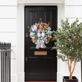 Egolot 16 Inch Egolot Easter Mesh Deco Bunny Wreath with Eggs and Carrots for Front Door, Spring Pink and Blue Ribbon Easter Wreath for Spring, Rustic and Farmhouse Ribbon for Home Decor