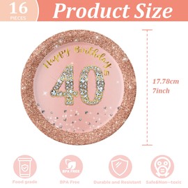 16Pcs 40th Birthday Rose Gold Paper Plates 7 inch,40th Rose Gold Woman Birthday Disposable Party Paper Plates,Happy 40th Birthday Tableware Decorations for Her,Women,40th Birthday Gifts Party Supplies