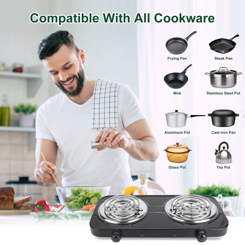 Double Burner Cooktop, 2000W Portable Electric Stove, 5 Level Temperature