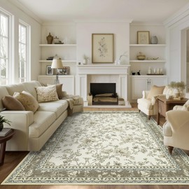 Greyish Beige Floral Rug 5x7 Machine Washable Area Rug for Living Room Vintage Boho Farmhouse Low Pile Distressed Carpet for Dining Room, Bedroom Indoor Non-Slip Tan Taupe Flower Design Home Decor