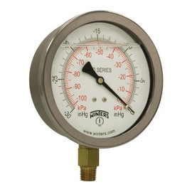 Winters PFQ Series Stainless Steel 304 Single Scale Liquid Filled Pressure Gauge with Brass Internals, 0-100 psi, 4" Dial Display, 1.5% Accuracy, 1/4" NPT Bottom Mount