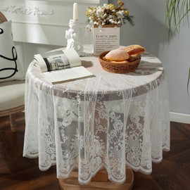 White Lace Tablecloth Embroidered Elegant Floral Patterns Table Cloth Round Overlay Table Cover for Wedding Party Holiday Long Dinner Home Decor(Round-60, White)