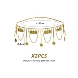 2 Vintage Waist Chains for Women, Tassel Waist Chains with Gold Coins, Metallic Waist Chains for Prom, Adjustable Tassel Waist Chains (Gold, Silver)