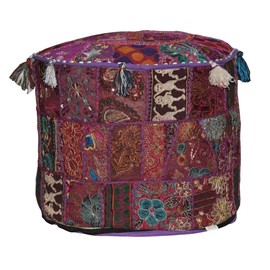 Marubhumi Vintage Indian Ottoman Embellished with Embroidery Cushion and Patchwork Floor Rest 46 X 33 cm