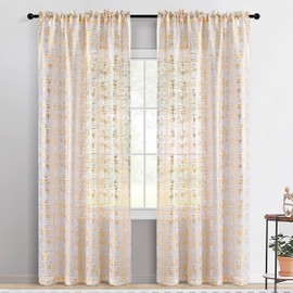 TERLYTEX Gold White Sheer Curtains 96 Inches Long, Metallic Gold Foil Cross Hatch Geometric Sparkle Sheer Curtains for Living Room, Privacy Shimmer Sheer Curtains, 52 x 96 Inch, 2 Panels, Gold White
