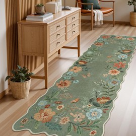 Lahome Floral Washable Runner Rug, 2'6''x8' Soft Hallway Runner Rug Non Slip, Boho Ultra-Thin Kitchen Runners for Hallways with Rubber Backing Carpet for Laundry Bedroom Bathroom(Green)