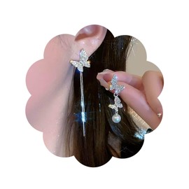 Inateannal Vintage Crystal Butterfly Drop Earrings Rhinestone Pearl Dangle Earrings Long Butterfly Chain Earrings Silver Pearl Butterfly Earrings Jewelry for Women and Girls