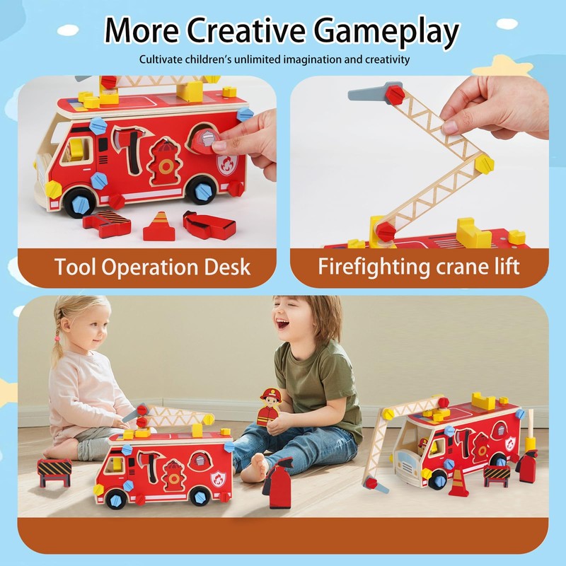 LOVELAND Wooden Fire Truck Toy – Take-Apart STEM Vehicle with