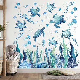 Amimagen Ocean Sea Turtle Wall Stickrs - Under The Sea Marine Theme Seaweed Grass Wall Decals - Baby Nursery Kids Bedroom Daycare Bathroom Wall Decor